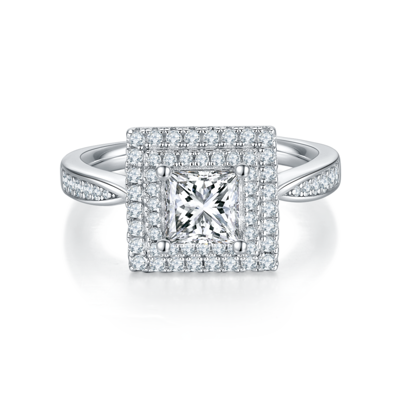 豪镶正方形S925银镀白金MoissaniteWomen's Ring1.0ctD级